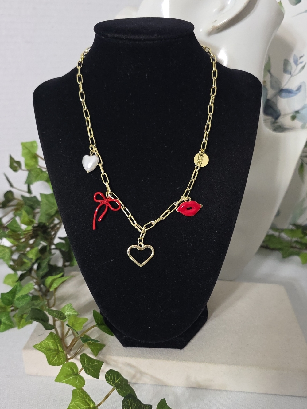 Gold Filled Paperclip Chain Multi Charm Necklace Heart Lips Bow Pearl